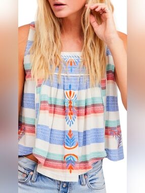 FREE PEOPLE Vintage Striped Embroidered Striped Summer Tank
